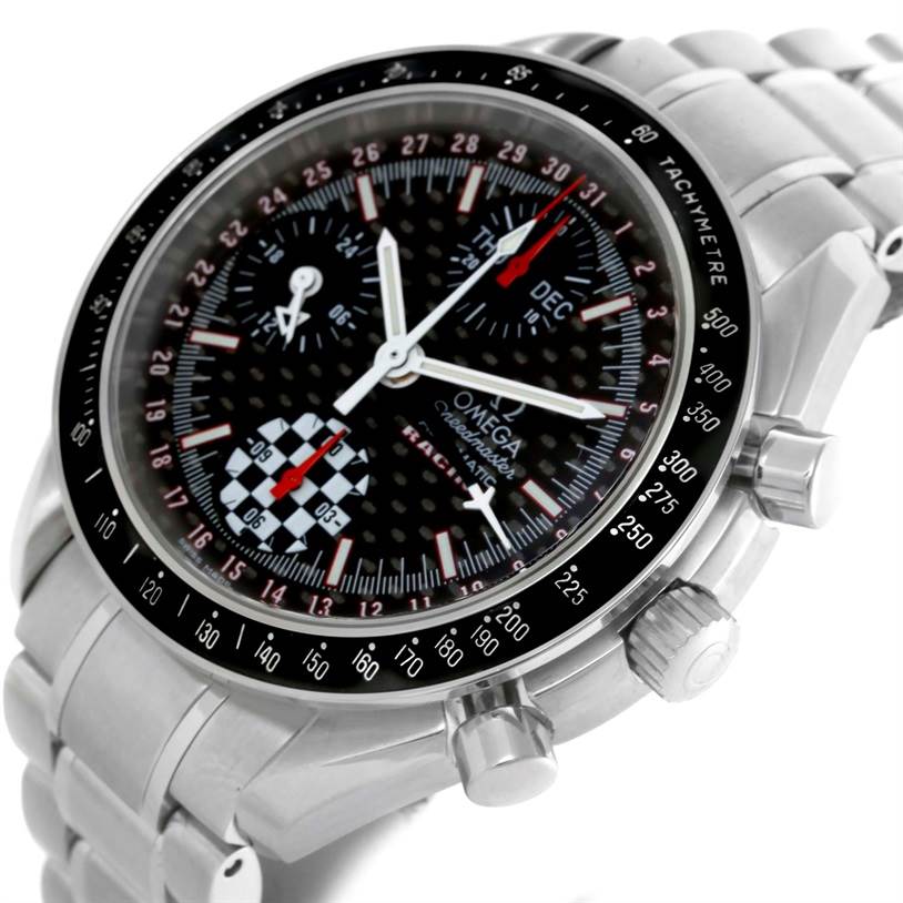 This image shows an Omega Speedmaster 3529.50.00 Men
s Stainless Steel Black Dial 3529.50.00 Men
s Stainless Steel Black Dial watch at an angled view, highlighting the dial, tachymeter bezel, and stainless steel bracelet.