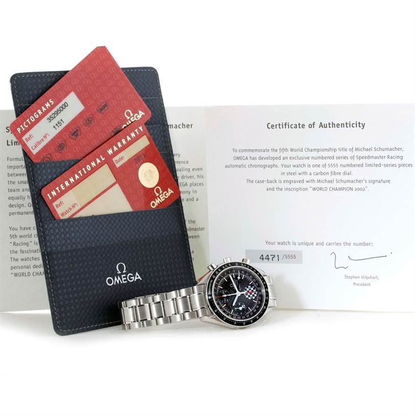 The image shows an Omega Speedmaster 3529.50.00 Men
s Stainless Steel Black Dial 3529.50.00 Men
s Stainless Steel Black Dial watch lying on its bracelet, alongside warranty cards, a certificate of Best Quality
ity, and a cardholder.