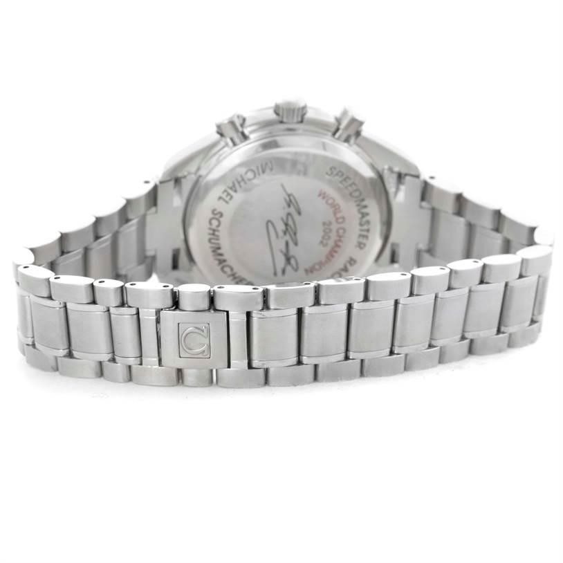 The image shows the back case and metal bracelet of an Omega Speedmaster 3529.50.00 Men
s Stainless Steel Black Dial 3529.50.00 Men
s Stainless Steel Black Dial watch from a rear angle.