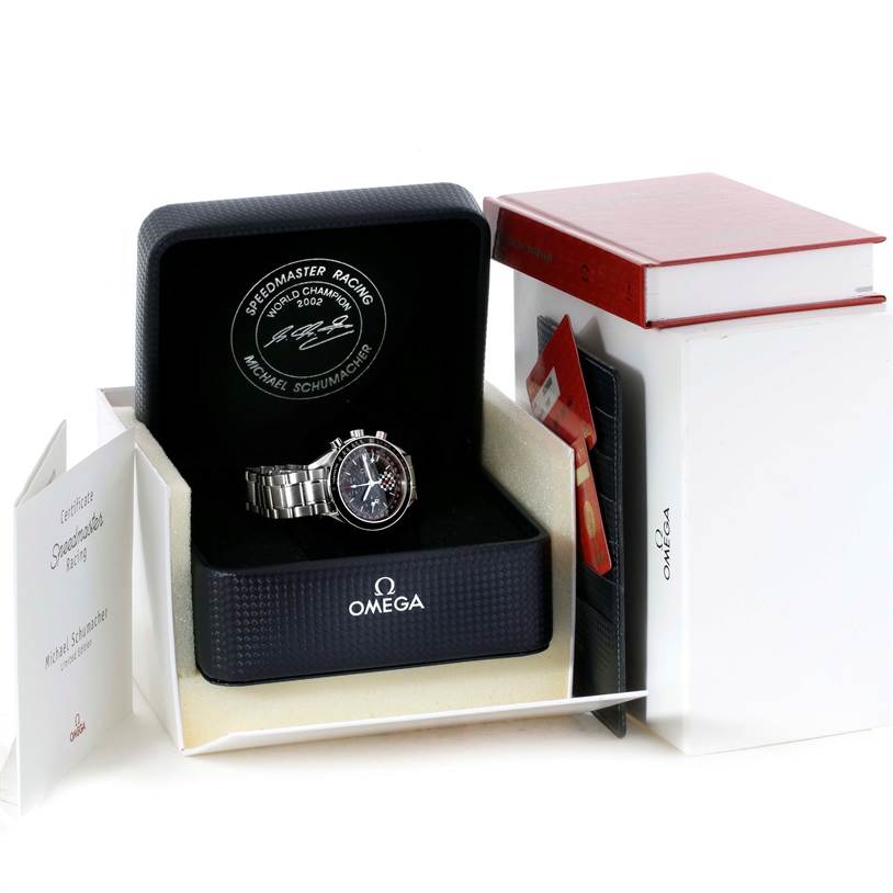 The image shows an Omega Speedmaster 3529.50.00 Men
s Stainless Steel Black Dial 3529.50.00 Men
s Stainless Steel Black Dial watch in its case, along with a certificate, booklet, and additional accessories.