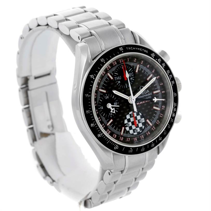 The Omega Speedmaster 3529.50.00 Men
s Stainless Steel Black Dial 3529.50.00 Men
s Stainless Steel Black Dial watch is shown at a three-quarter angle, highlighting the face, tachymeter bezel, and metal bracelet.