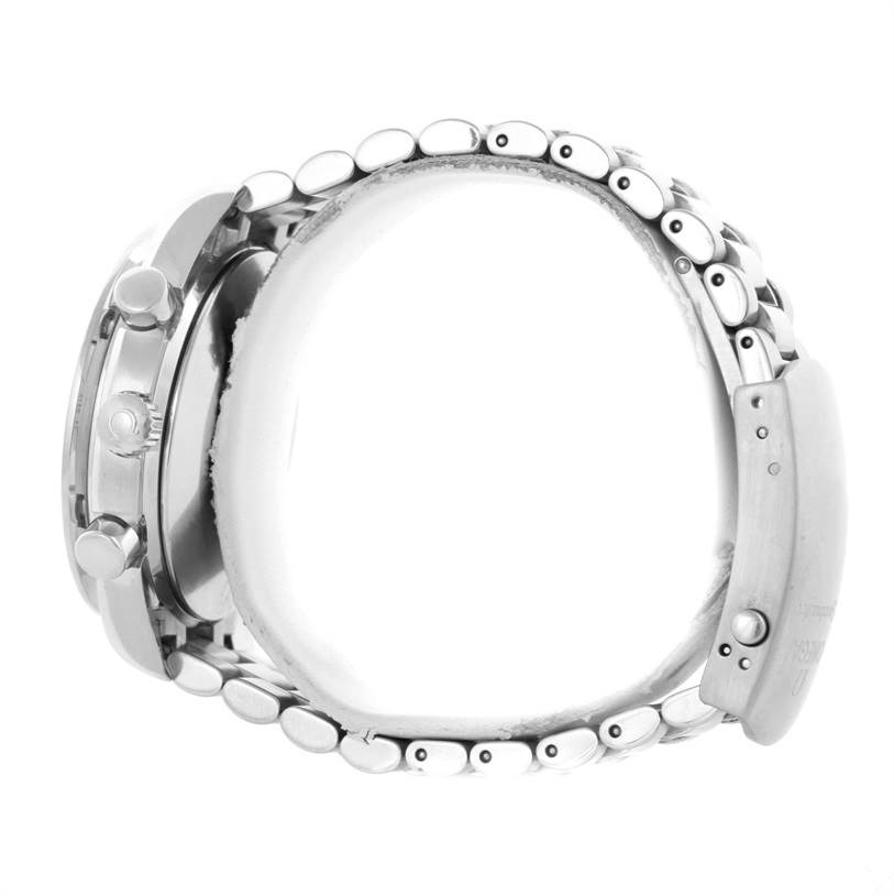 The image shows a side view of an Omega Speedmaster 3539.50.00 Men
s Stainless Steel Black Dial 3539.50.00 Men
s Stainless Steel Black Dial watch focusing on its crown, pushers, and metal bracelet.