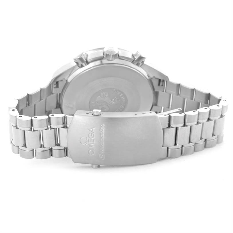 The image shows the back case and clasp of an Omega Speedmaster 3539.50.00 Men
s Stainless Steel Black Dial 3539.50.00 Men
s Stainless Steel Black Dial watch from a rear angle.