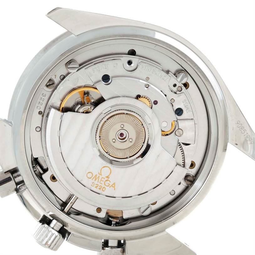 The image shows the internal mechanism and movement of the Omega Speedmaster 3539.50.00 Men
s Stainless Steel Black Dial 3539.50.00 Men
s Stainless Steel Black Dial watch from a rear angle.