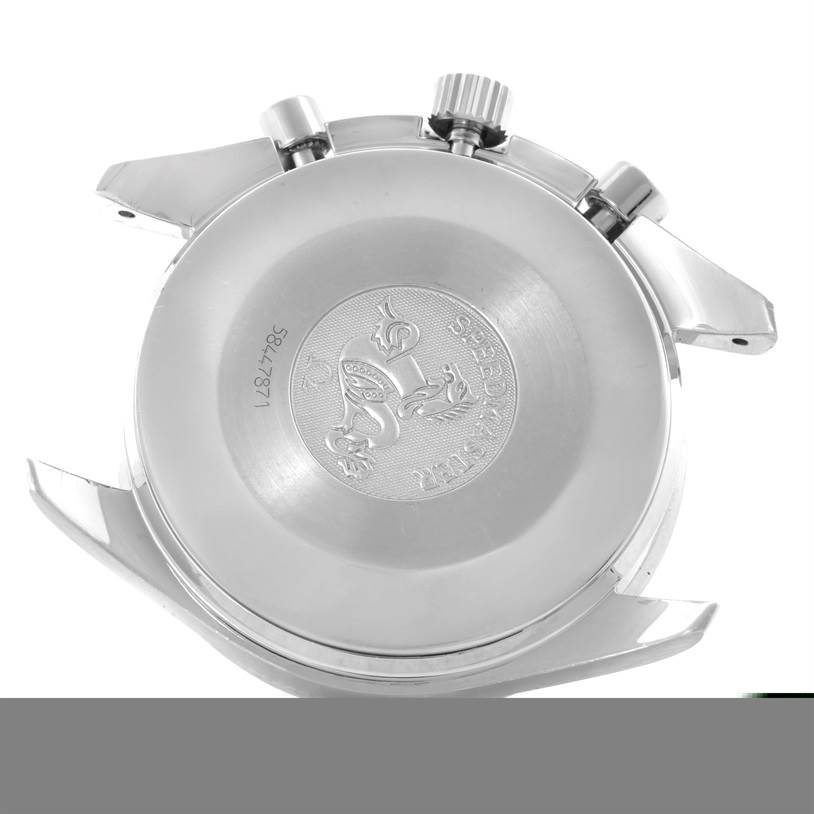 This image shows the case back and lugs of an Omega Speedmaster 3510.50.00 Men
s Stainless Steel Black Dial 3510.50.00 Men
s Stainless Steel Black Dial watch from a slightly angled top-down perspective.