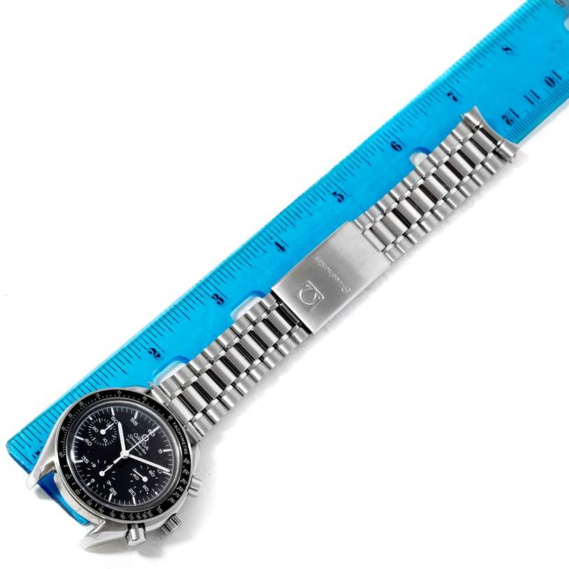 The Omega Speedmaster 3510.50.00 Men
s Stainless Steel Black Dial 3510.50.00 Men
s Stainless Steel Black Dial watch is shown from a top-down angle, highlighting the face, crown, pushers, and full bracelet.