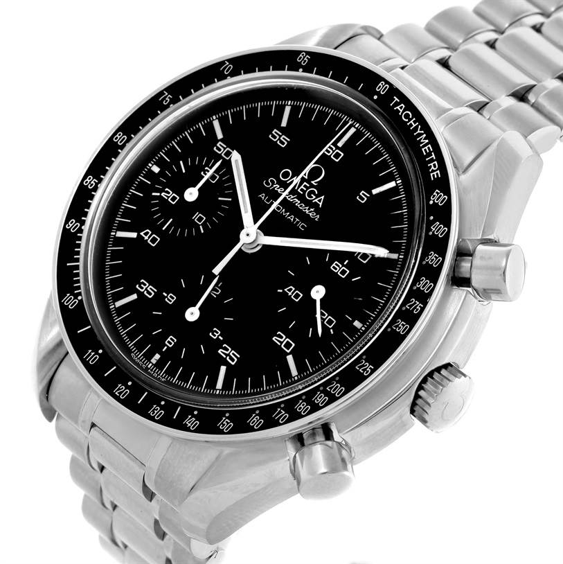 The Omega Speedmaster 3510.50.00 Men
s Stainless Steel Black Dial 3510.50.00 Men
s Stainless Steel Black Dial watch is shown at an angled side view, highlighting its bezel, dial, crown, pushers, and metal bracelet.