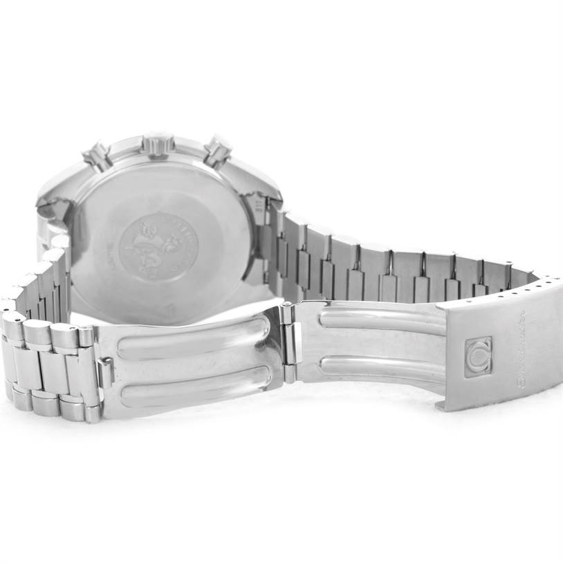 The image shows the open clasp, bracelet, and back case of an Omega Speedmaster 3510.50.00 Men
s Stainless Steel Black Dial 3510.50.00 Men
s Stainless Steel Black Dial watch from a rear angle.