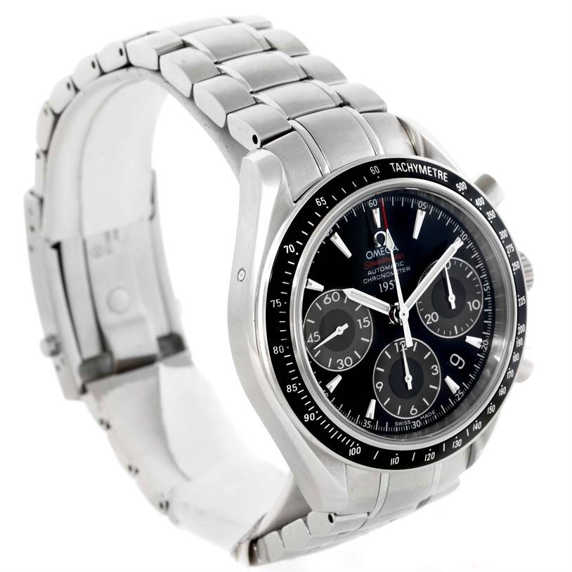 The image shows an Omega Speedmaster 323.30.40.40.01.001 Men
s Stainless Steel Black Dial 323.30.40.40.01.001 Men
s Stainless Steel Black Dial watch at a 3/4 angle, highlighting its face, bezel, and stainless steel bracelet.