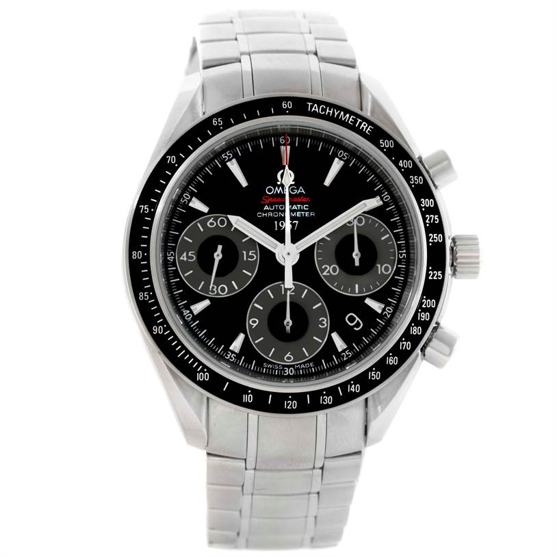 The Omega Speedmaster 323.30.40.40.01.001 Men
s Stainless Steel Black Dial 323.30.40.40.01.001 Men
s Stainless Steel Black Dial watch is shown from a frontal angle, featuring its black dial, tachymeter bezel, and stainless steel bracelet.
