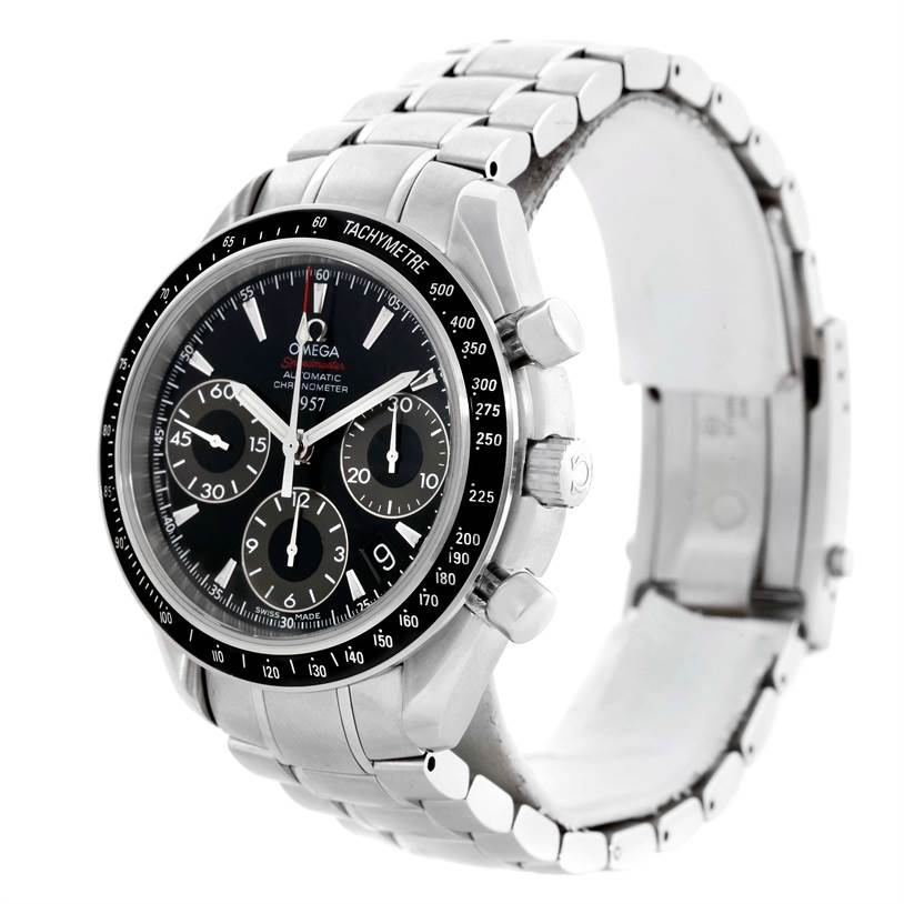 This Omega Speedmaster 323.30.40.40.01.001 Men
s Stainless Steel Black Dial 323.30.40.40.01.001 Men
s Stainless Steel Black Dial watch is shown at a slight angle featuring its face, bezel, and metal bracelet.
