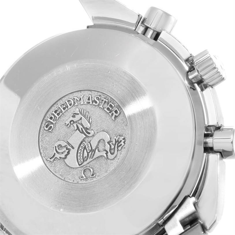 This image shows the back case and crown parts of an Omega Speedmaster 3539.50.00 Men
s Stainless Steel Black Dial 3539.50.00 Men
s Stainless Steel Black Dial watch.