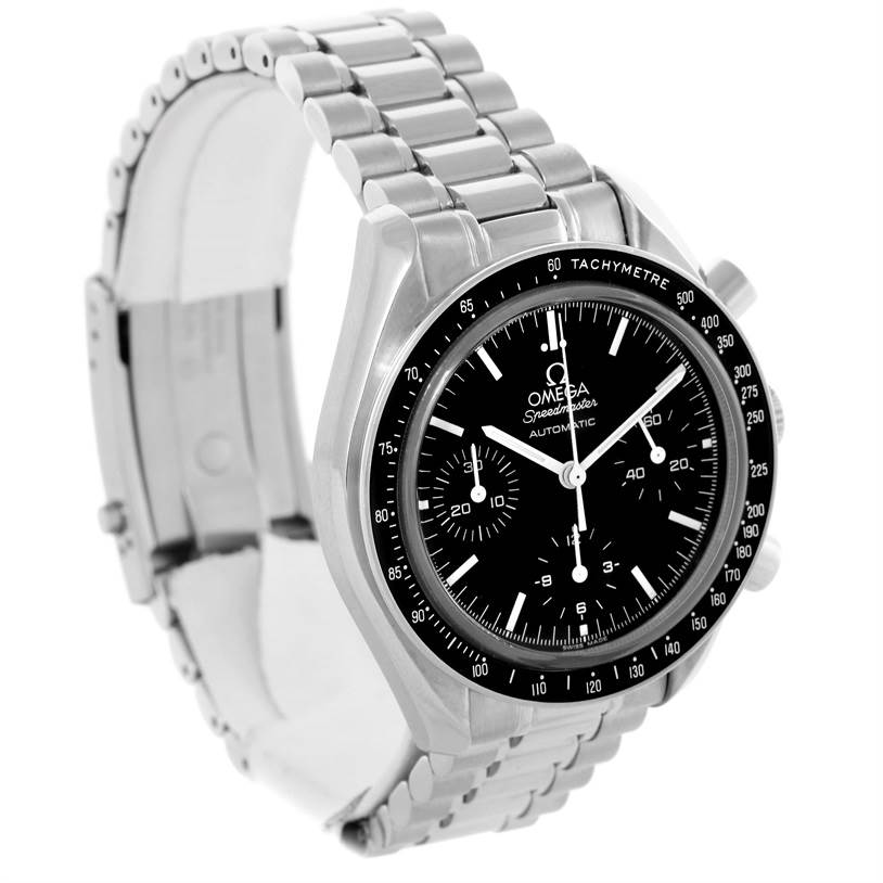 The Omega Speedmaster 3539.50.00 Men
s Stainless Steel Black Dial 3539.50.00 Men
s Stainless Steel Black Dial watch is shown at a three-quarter angle displaying the face, bezel, and stainless steel bracelet.