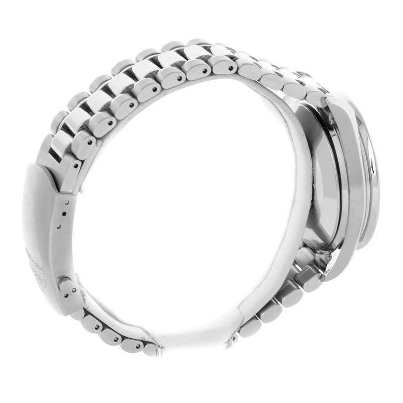 The Omega Speedmaster 3539.50.00 Men
s Stainless Steel Black Dial 3539.50.00 Men
s Stainless Steel Black Dial watch is shown from the side, highlighting its metal bracelet and case.