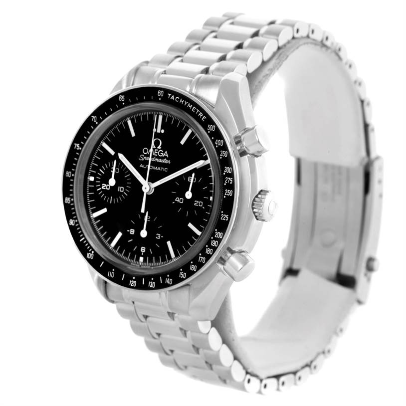 The image shows an Omega Speedmaster 3539.50.00 Men
s Stainless Steel Black Dial 3539.50.00 Men
s Stainless Steel Black Dial watch at a side angle, featuring its bezel, dial, chronograph sub-dials, crown, and bracelet.