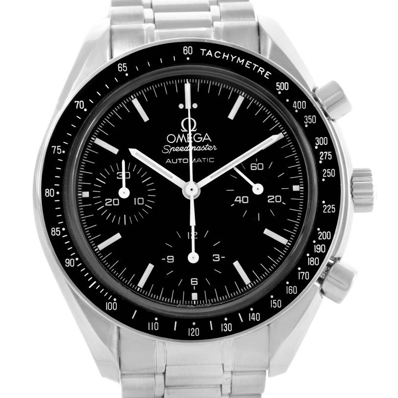 Front view of the Omega Speedmaster 3539.50.00 Men
s Stainless Steel Black Dial 3539.50.00 Men
s Stainless Steel Black Dial watch showcasing its dial, bezel, bracelet, and tachymeter.