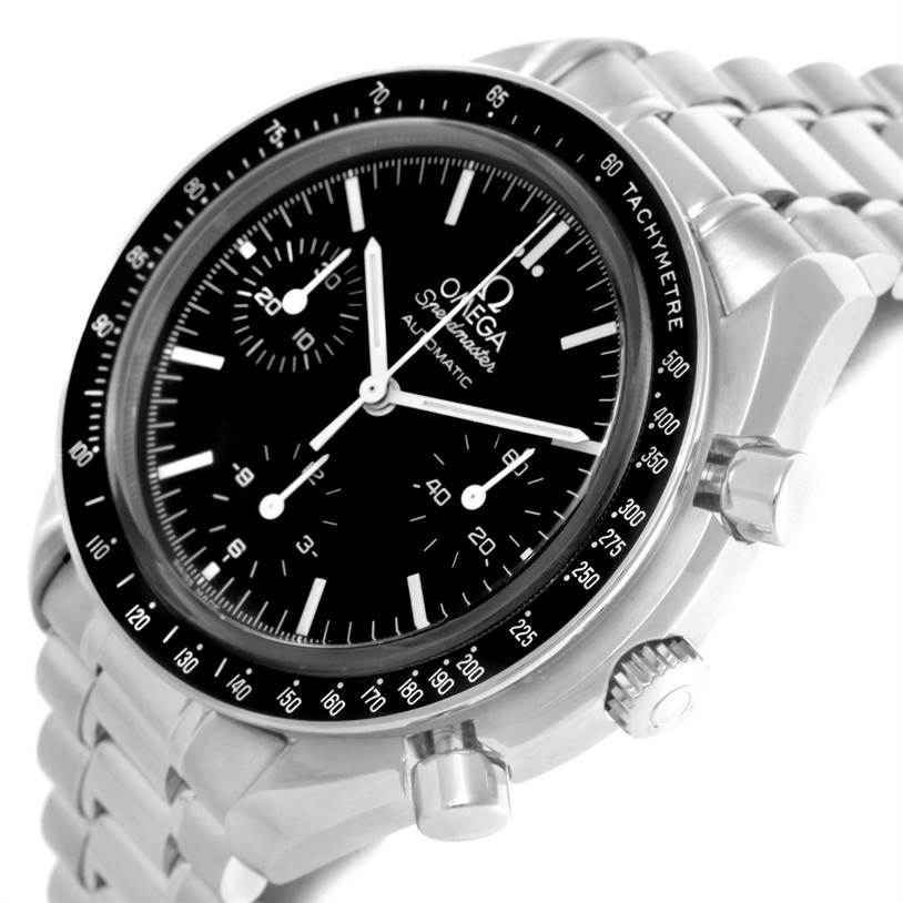 The image shows an Omega Speedmaster 3539.50.00 Men
s Stainless Steel Black Dial 3539.50.00 Men
s Stainless Steel Black Dial watch at an angled view, highlighting the tachymeter bezel, sub-dials, and stainless steel bracelet.