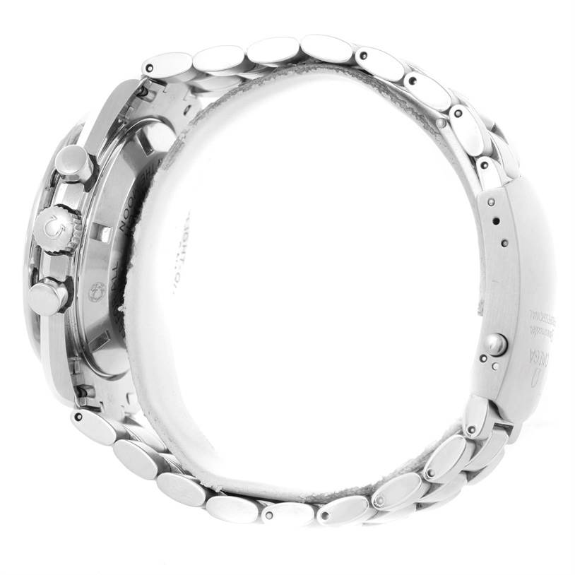 The image shows a side profile of an Omega Speedmaster 3570.50.00 Men
s Stainless Steel Black Dial 3570.50.00 Men
s Stainless Steel Black Dial, highlighting the case, crown, pushers, and metal bracelet.