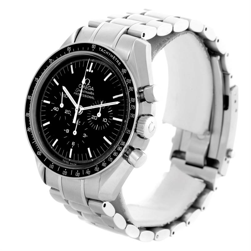 The Omega Speedmaster 3570.50.00 Men
s Stainless Steel Black Dial 3570.50.00 Men
s Stainless Steel Black Dial watch is shown at a 3/4 front angle, displaying the face, bezel, case, pushers, crown, and metallic bracelet.