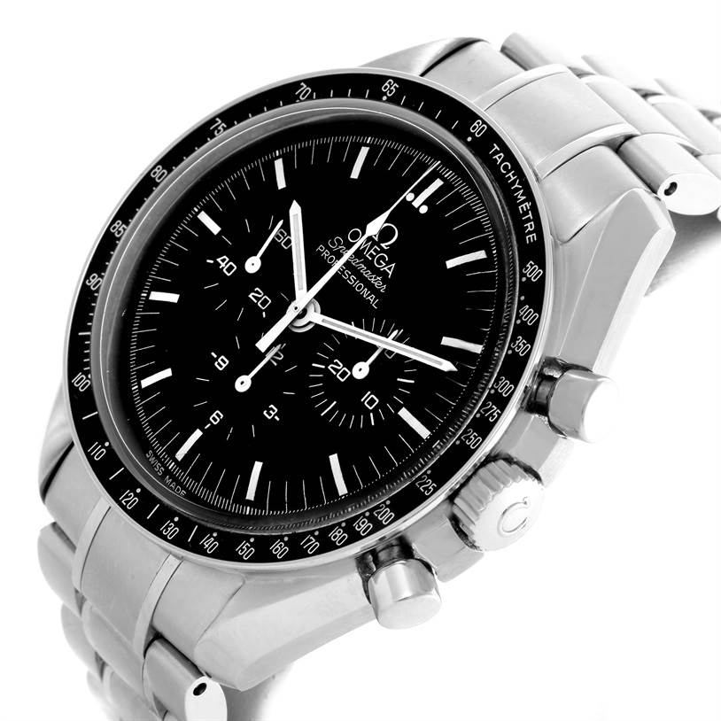 The Omega Speedmaster 3570.50.00 Men
s Stainless Steel Black Dial 3570.50.00 Men
s Stainless Steel Black Dial watch is shown at a three-quarter angle, highlighting its face, tachymeter bezel, bracelet, and side pushers.