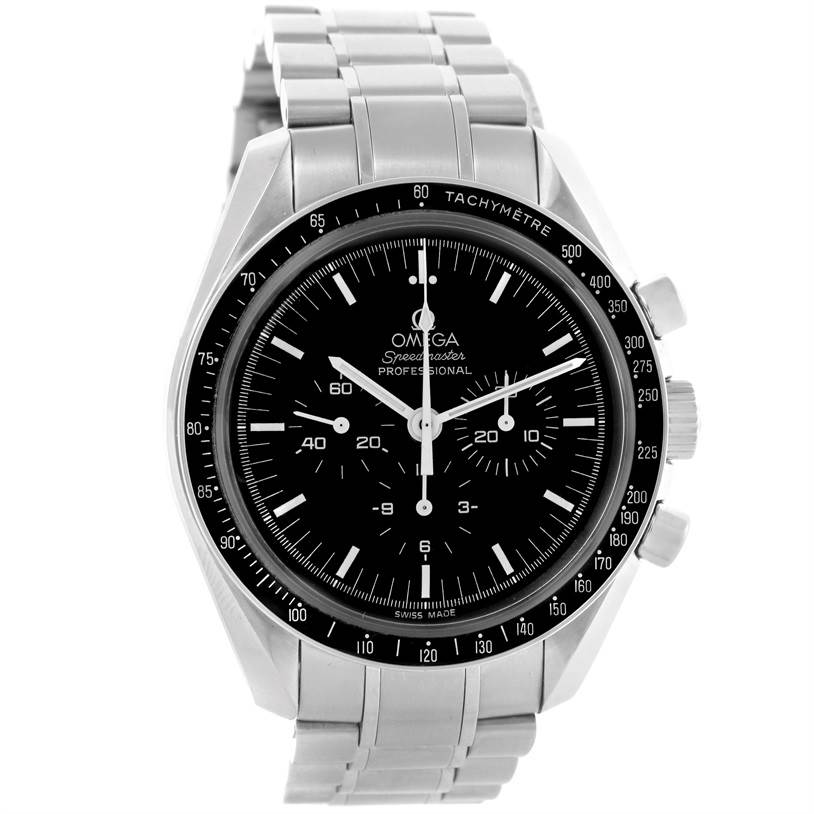 The image shows the front view of an Omega Speedmaster 3570.50.00 Men
s Stainless Steel Black Dial 3570.50.00 Men
s Stainless Steel Black Dial watch, highlighting its black dial, tachymeter bezel, and stainless steel bracelet.