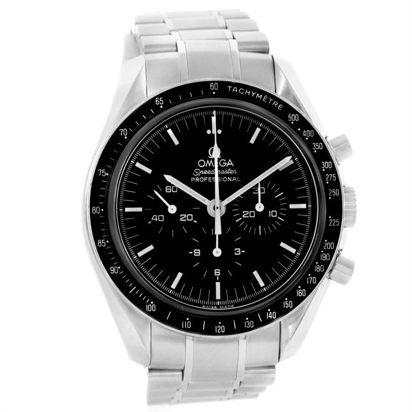 The image shows a front view of an Omega Speedmaster 3573.50.00 Men
s Stainless Steel Black Dial 3573.50.00 Men
s Stainless Steel Black Dial watch, displaying its dial, bezel, and metal bracelet.