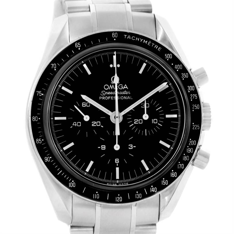 The image shows a front view of an Omega Speedmaster 3573.50.00 Men
s Stainless Steel Black Dial 3573.50.00 Men
s Stainless Steel Black Dial watch, displaying its black dial, tachymeter bezel, and stainless steel bracelet.