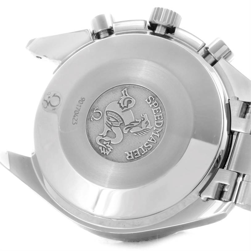 The image shows the back case, crown, and pushers of an Omega Speedmaster 3539.50.00 Men
s Stainless Steel Black Dial 3539.50.00 Men
s Stainless Steel Black Dial watch at an angle.