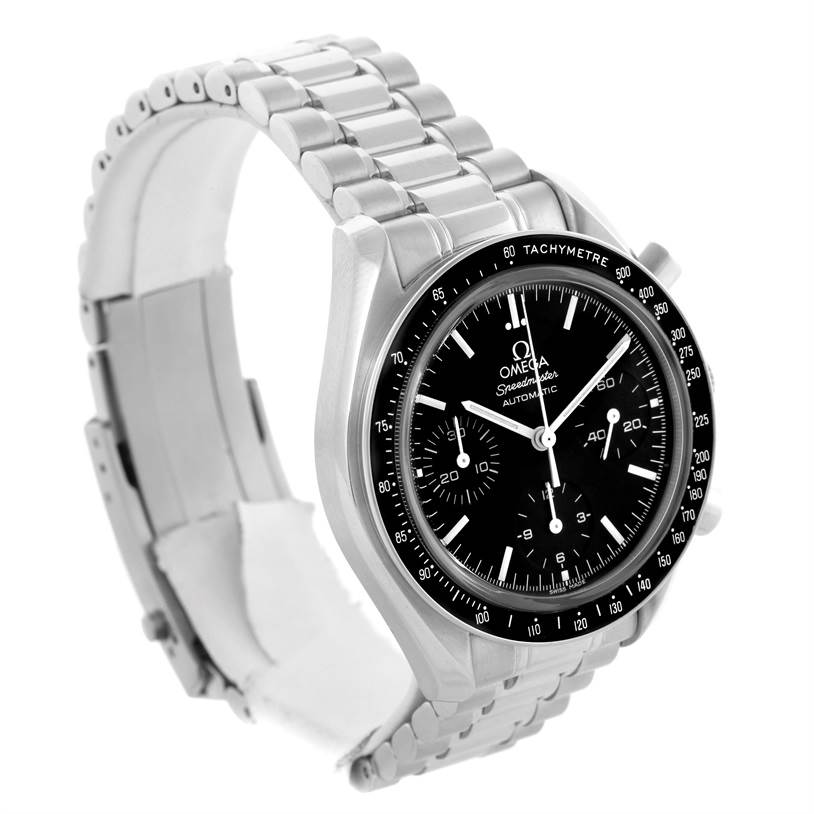 The Omega Speedmaster 3539.50.00 Men
s Stainless Steel Black Dial 3539.50.00 Men
s Stainless Steel Black Dial watch is shown at a three-quarter angle, highlighting its face, bezel, and metal bracelet.