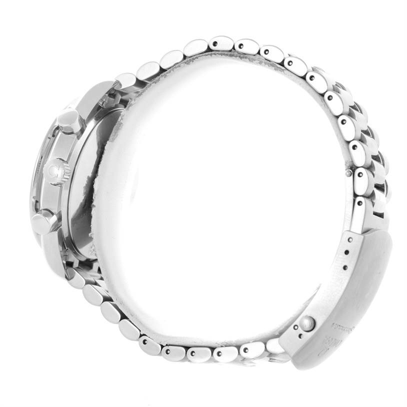 The Omega Speedmaster 3539.50.00 Men
s Stainless Steel Black Dial 3539.50.00 Men
s Stainless Steel Black Dial watch is shown from the side, highlighting its metal bracelet and clasp.