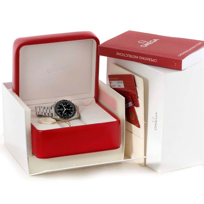 The Omega Speedmaster 3539.50.00 Men
s Stainless Steel Black Dial 3539.50.00 Men
s Stainless Steel Black Dial watch is shown in its open red box, alongside operating instructions and identification cards.