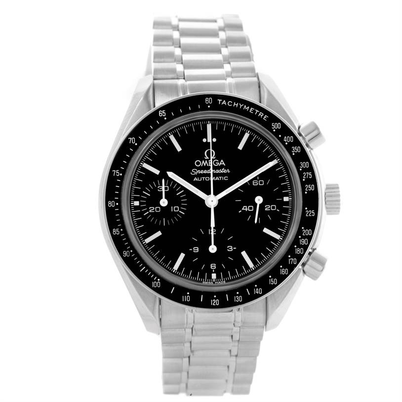 The image shows a front view of the Omega Speedmaster 3539.50.00 Men
s Stainless Steel Black Dial 3539.50.00 Men
s Stainless Steel Black Dial watch including its dial, bezel, and stainless steel bracelet.