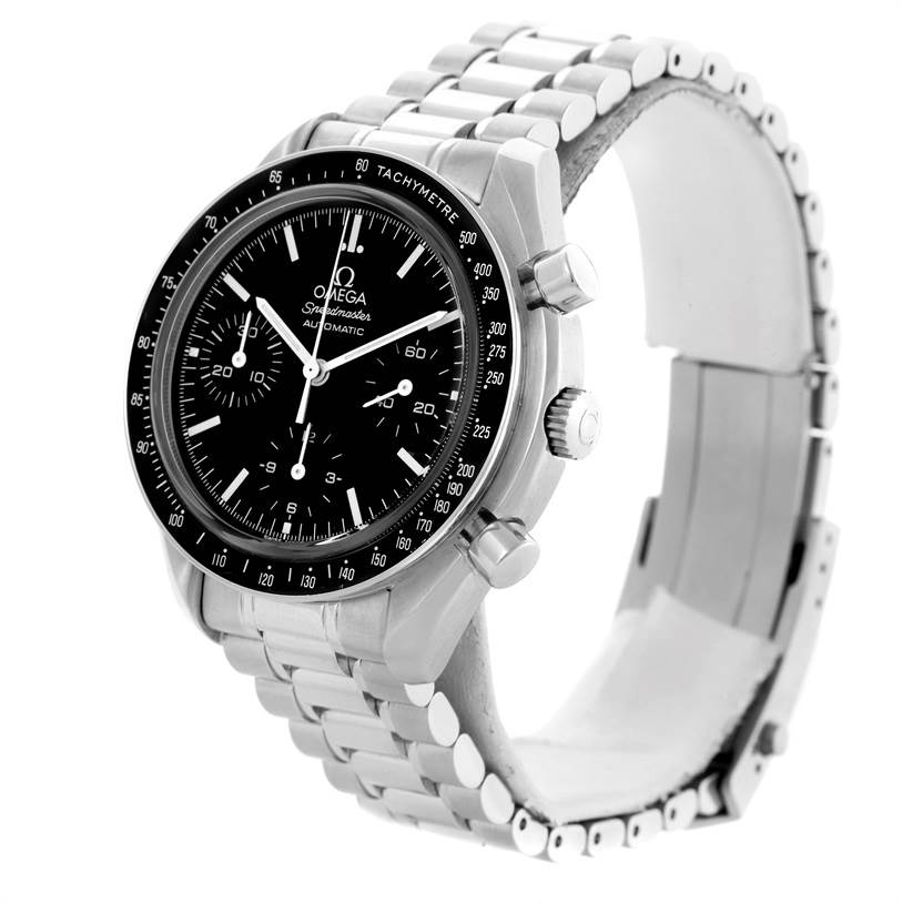The image shows an angled view of an Omega Speedmaster 3539.50.00 Men
s Stainless Steel Black Dial 3539.50.00 Men
s Stainless Steel Black Dial watch, displaying the face, bezel, crown, pushers, and bracelet.