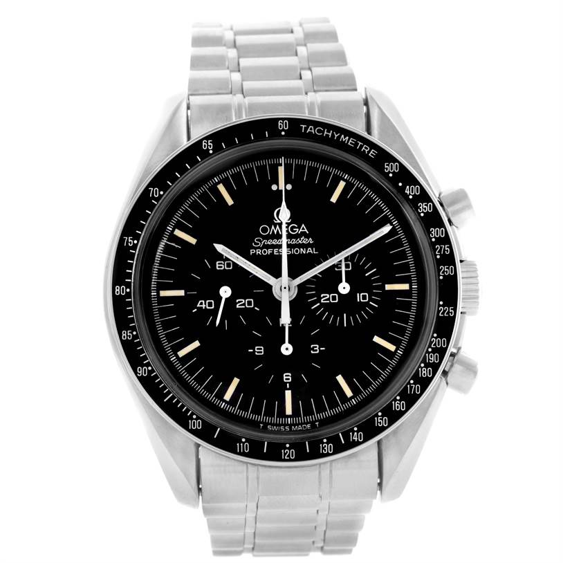 This image shows a frontal view of the Omega Speedmaster Men
s Stainless Steel Black Dial Men
s Stainless Steel Black Dial watch with its stainless steel bracelet.