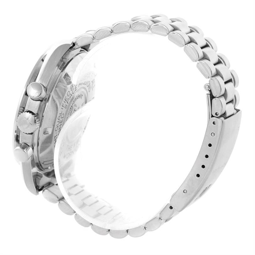 The image shows a side view of the Omega Speedmaster Men
s Stainless Steel Black Dial Men
s Stainless Steel Black Dial watch, highlighting its metal bracelet and side pushers.