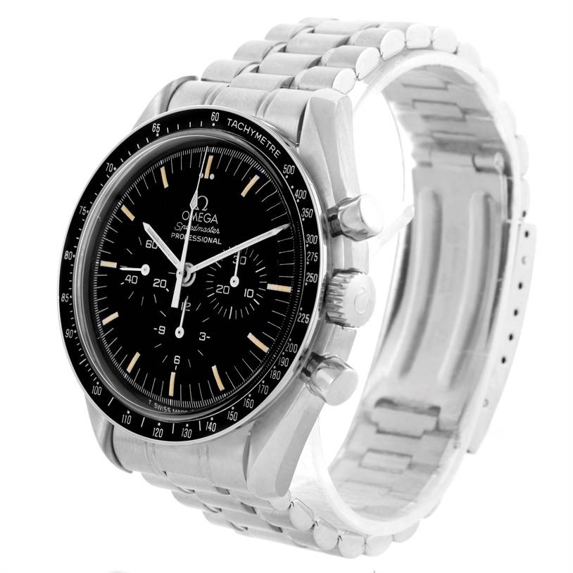The Omega Speedmaster Men
s Stainless Steel Black Dial Men
s Stainless Steel Black Dial watch is shown at a slight angle, highlighting its face, bezel, and metal bracelet.