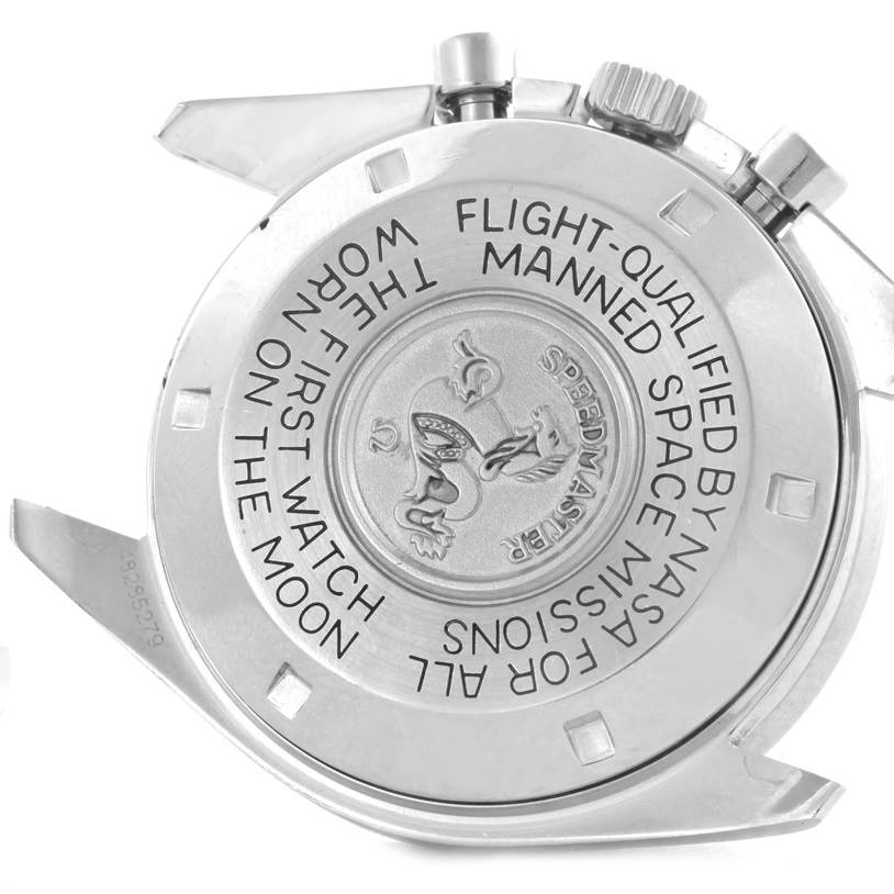 The image shows the back case and crown of an Omega Speedmaster Men
s Stainless Steel Black Dial Men
s Stainless Steel Black Dial watch, highlighting its engravings.