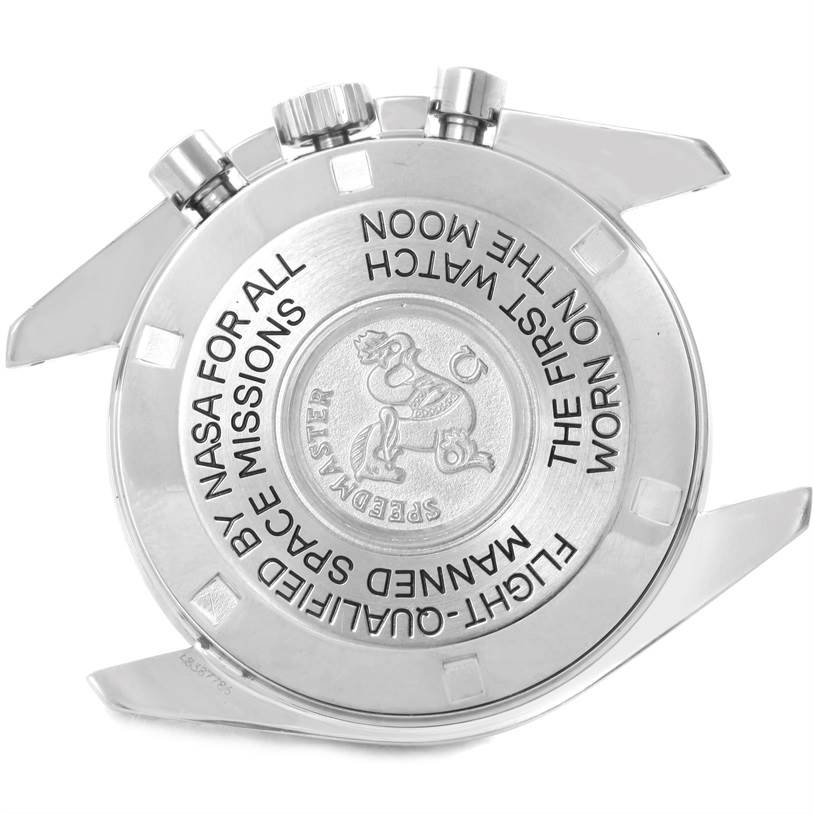 The image shows the case back of an Omega Speedmaster 3570.50.00 Men
s Stainless Steel Black Dial 3570.50.00 Men
s Stainless Steel Black Dial watch, highlighting its inscriptions and chronograph pushers.
