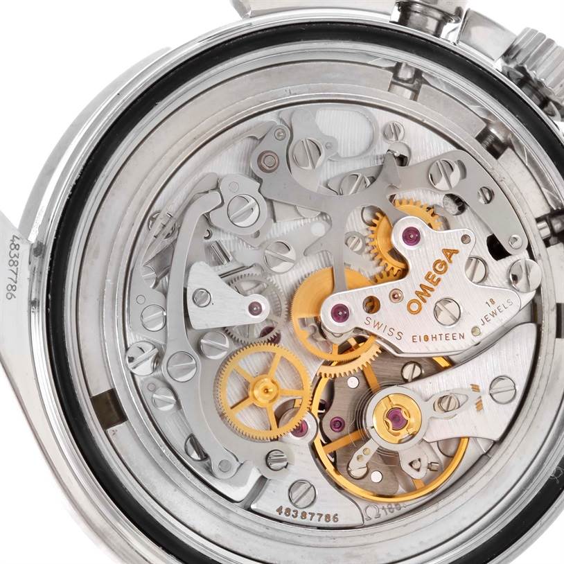 The image shows the intricate mechanical movement of an Omega Speedmaster 3570.50.00 Men
s Stainless Steel Black Dial 3570.50.00 Men
s Stainless Steel Black Dial watch from the back case angle.