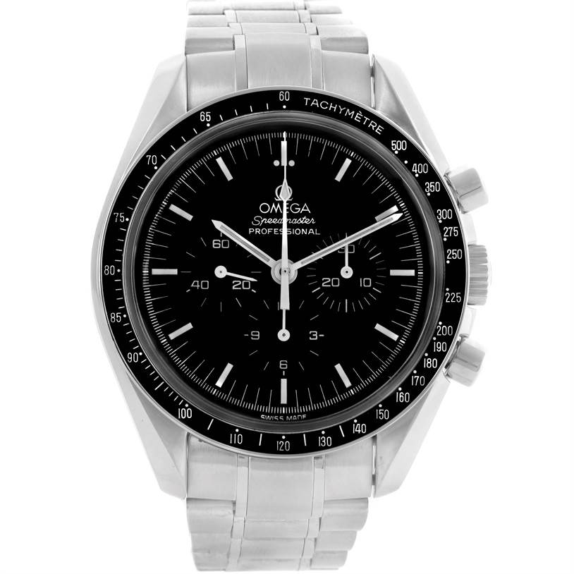 The image shows a front view of an Omega Speedmaster 3570.50.00 Men
s Stainless Steel Black Dial 3570.50.00 Men
s Stainless Steel Black Dial watch, displaying the dial, hands, and bracelet.