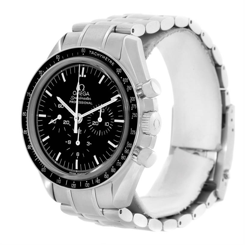 This Omega Speedmaster 3573.50.00 Men
s Stainless Steel Black Dial 3573.50.00 Men
s Stainless Steel Black Dial model watch is shown at an angled side view, highlighting the face, bezel, and part of the bracelet.