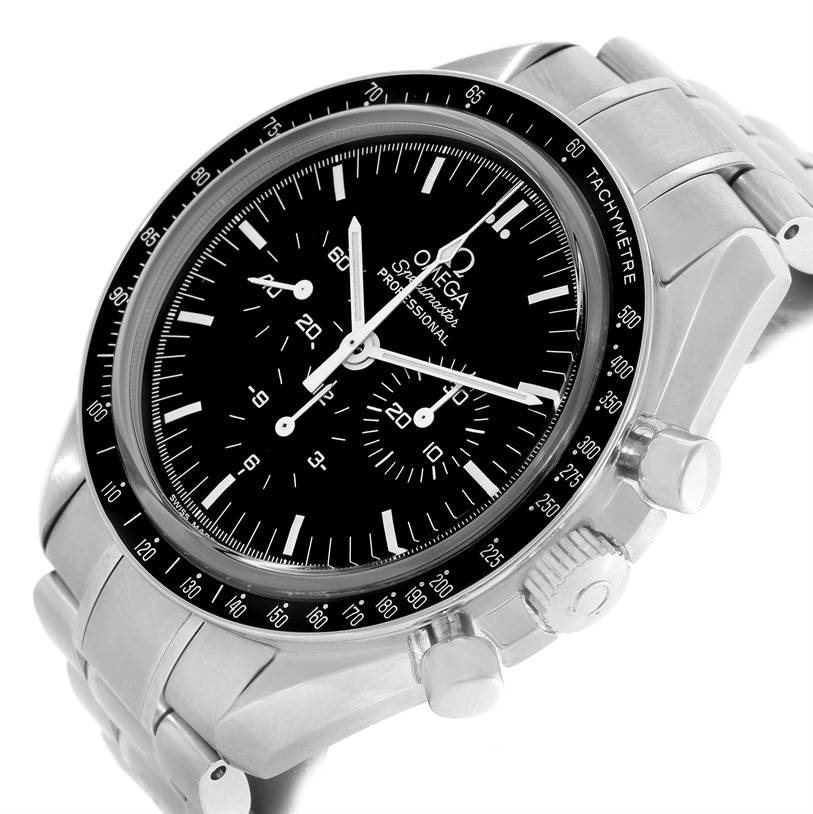 The image shows an angled view of an Omega Speedmaster 3573.50.00 Men
s Stainless Steel Black Dial 3573.50.00 Men
s Stainless Steel Black Dial watch highlighting its case, bezel, dial, and chronograph buttons.