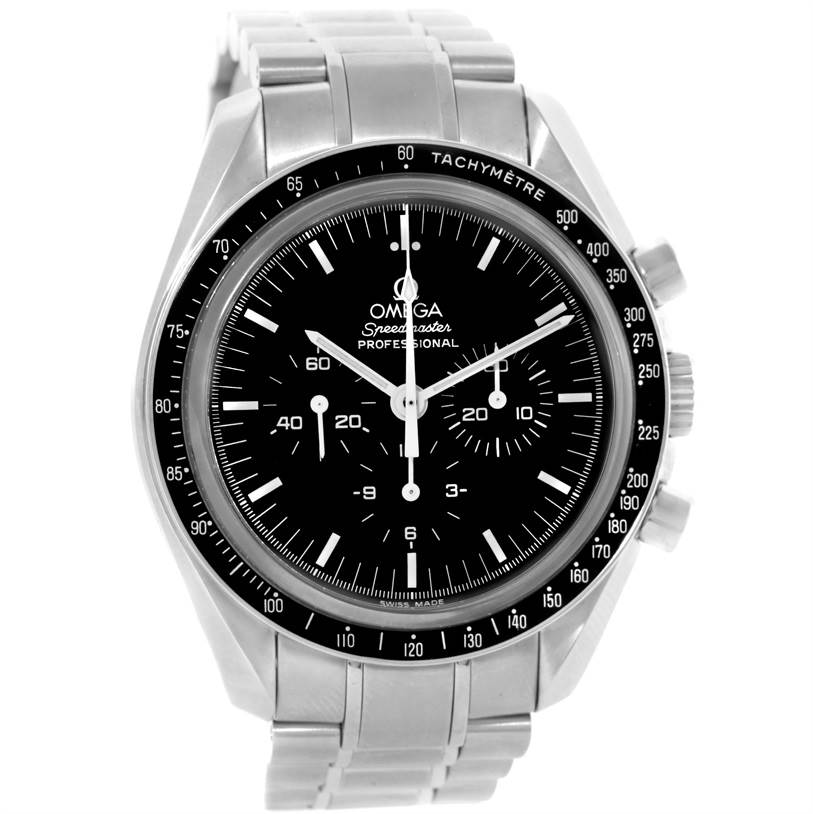 This image shows a front view of the Omega Speedmaster 3573.50.00 Men
s Stainless Steel Black Dial 3573.50.00 Men
s Stainless Steel Black Dial watch, highlighting its dial, bezel, and bracelet.