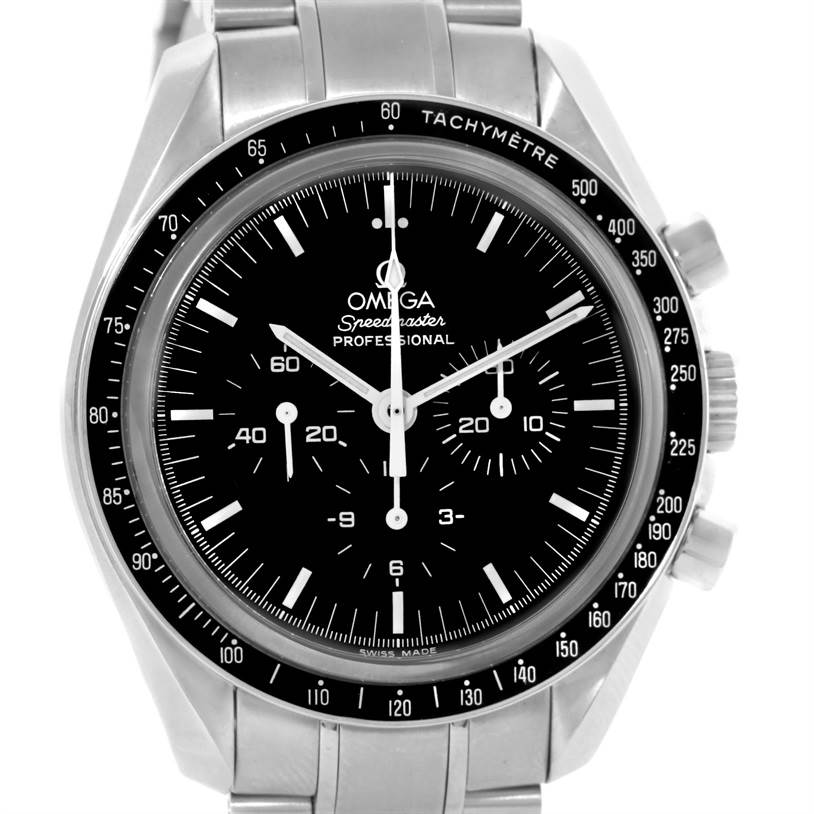 The image shows a front view of an Omega Speedmaster 3573.50.00 Men
s Stainless Steel Black Dial 3573.50.00 Men
s Stainless Steel Black Dial watch, highlighting the dial, tachymeter bezel, and pushers.