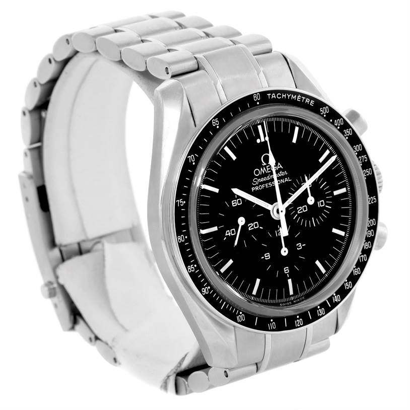 This image shows an Omega Speedmaster 3573.50.00 Men
s Stainless Steel Black Dial 3573.50.00 Men
s Stainless Steel Black Dial watch, viewed from a three-quarter angle, displaying its dial, bezel, and bracelet.