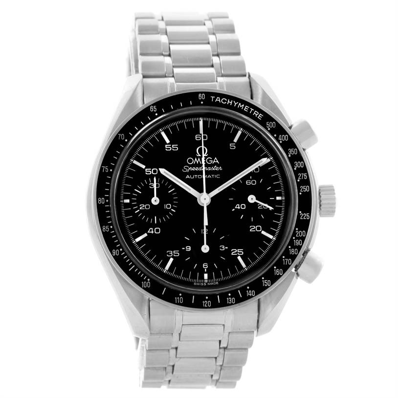 The image shows a frontal view of the Omega Speedmaster 3510.50.00 Men
s Stainless Steel Black Dial 3510.50.00 Men
s Stainless Steel Black Dial watch, highlighting its dial, bezel, and bracelet.