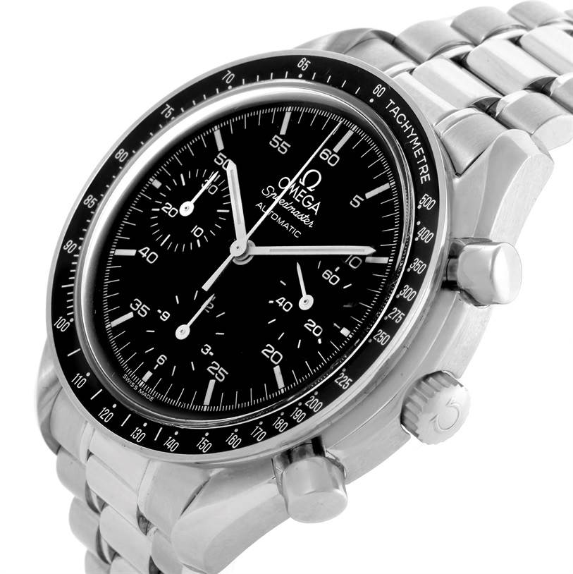 The image shows an angled close-up of the Omega Speedmaster 3510.50.00 Men
s Stainless Steel Black Dial 3510.50.00 Men
s Stainless Steel Black Dial watch, highlighting its dial, bezel, and side pushers.