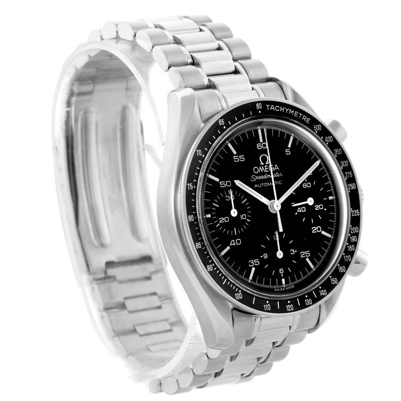 This image shows an Omega Speedmaster 3510.50.00 Men
s Stainless Steel Black Dial 3510.50.00 Men
s Stainless Steel Black Dial watch from an angled side view, highlighting the dial, tachymeter bezel, and metal bracelet.