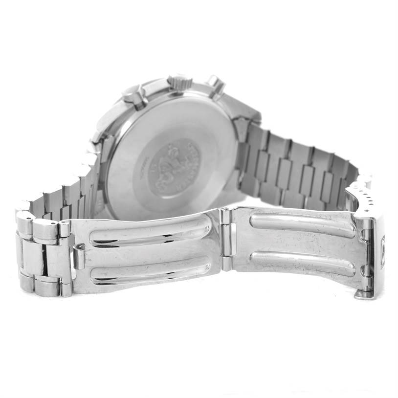 The image shows the back case and partially opened clasp of an Omega Speedmaster 3510.50.00 Men
s Stainless Steel Black Dial 3510.50.00 Men
s Stainless Steel Black Dial watch.