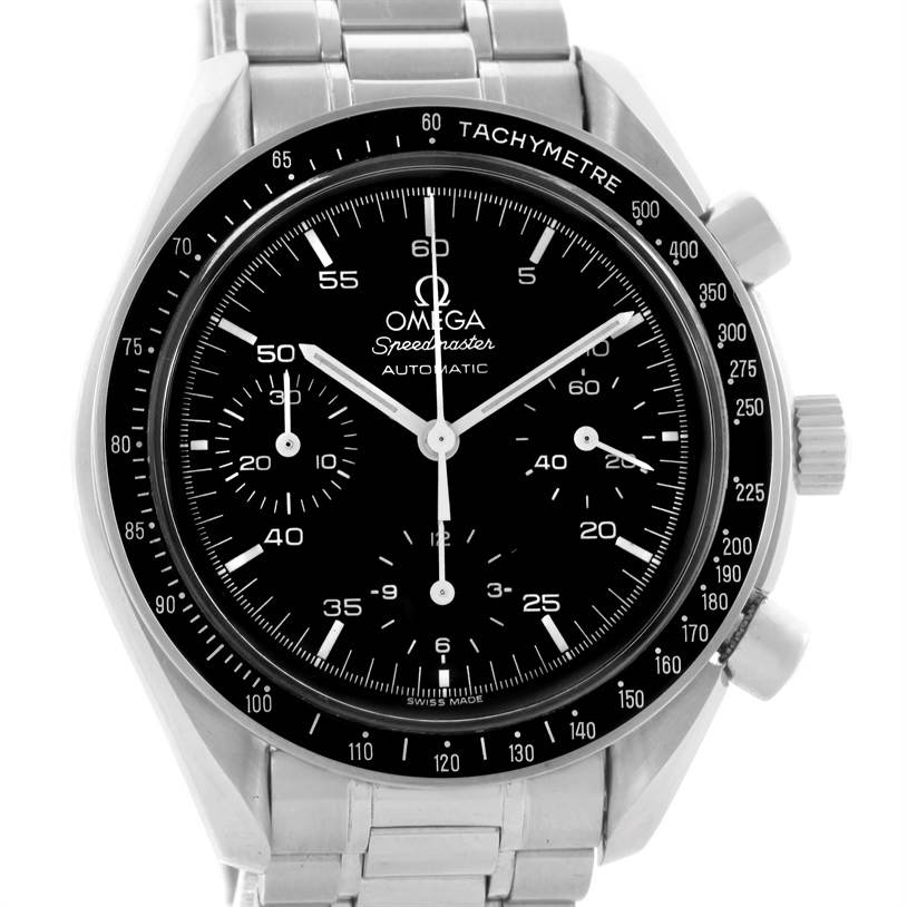 The image shows a frontal view of an Omega Speedmaster 3510.50.00 Men
s Stainless Steel Black Dial 3510.50.00 Men
s Stainless Steel Black Dial watch, highlighting its black dial, chronograph subdials, and stainless steel bracelet.